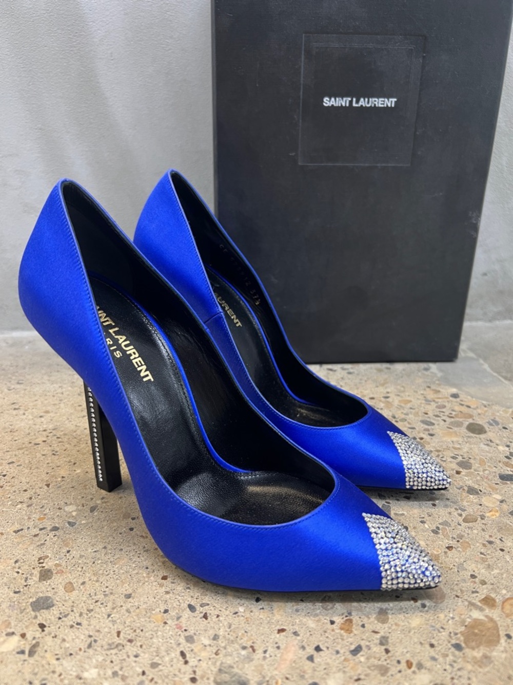 Saint Laurent Cobalt Blue Satin Pointed-Toe Pumps with Crystal Tips